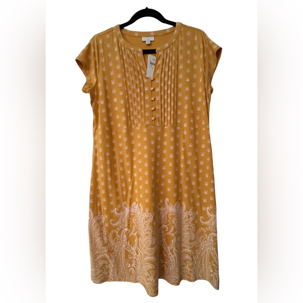 J. Jill Yellow Pleated Cap Sleeve Dress with Mandarin Collar